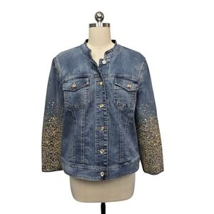 Chico's Platinum Denim Jacket Embellished Sequin Blue Jeans Size 2 (US Large)
